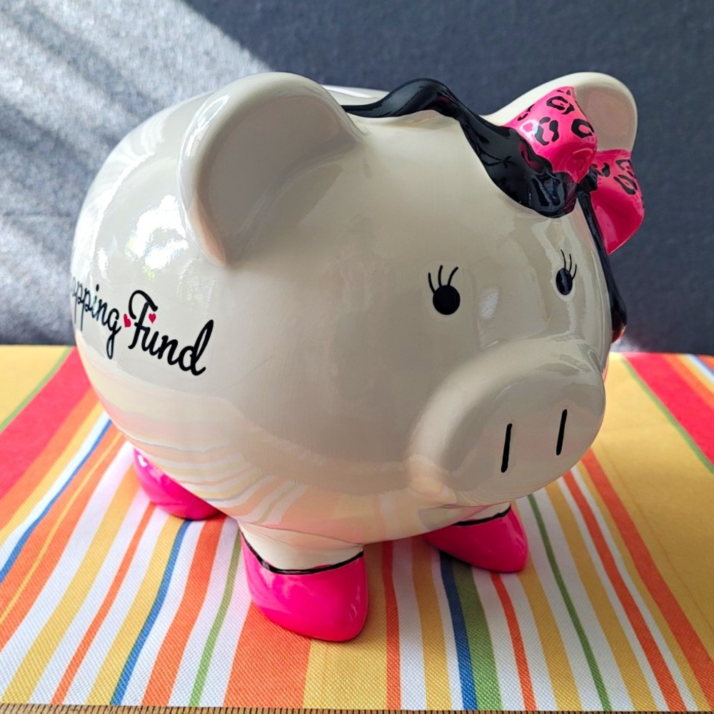 FAB Starpoint Ceramic Piggy Bank "Shopping Fund" Pink Bow Shoes Leopard Accent